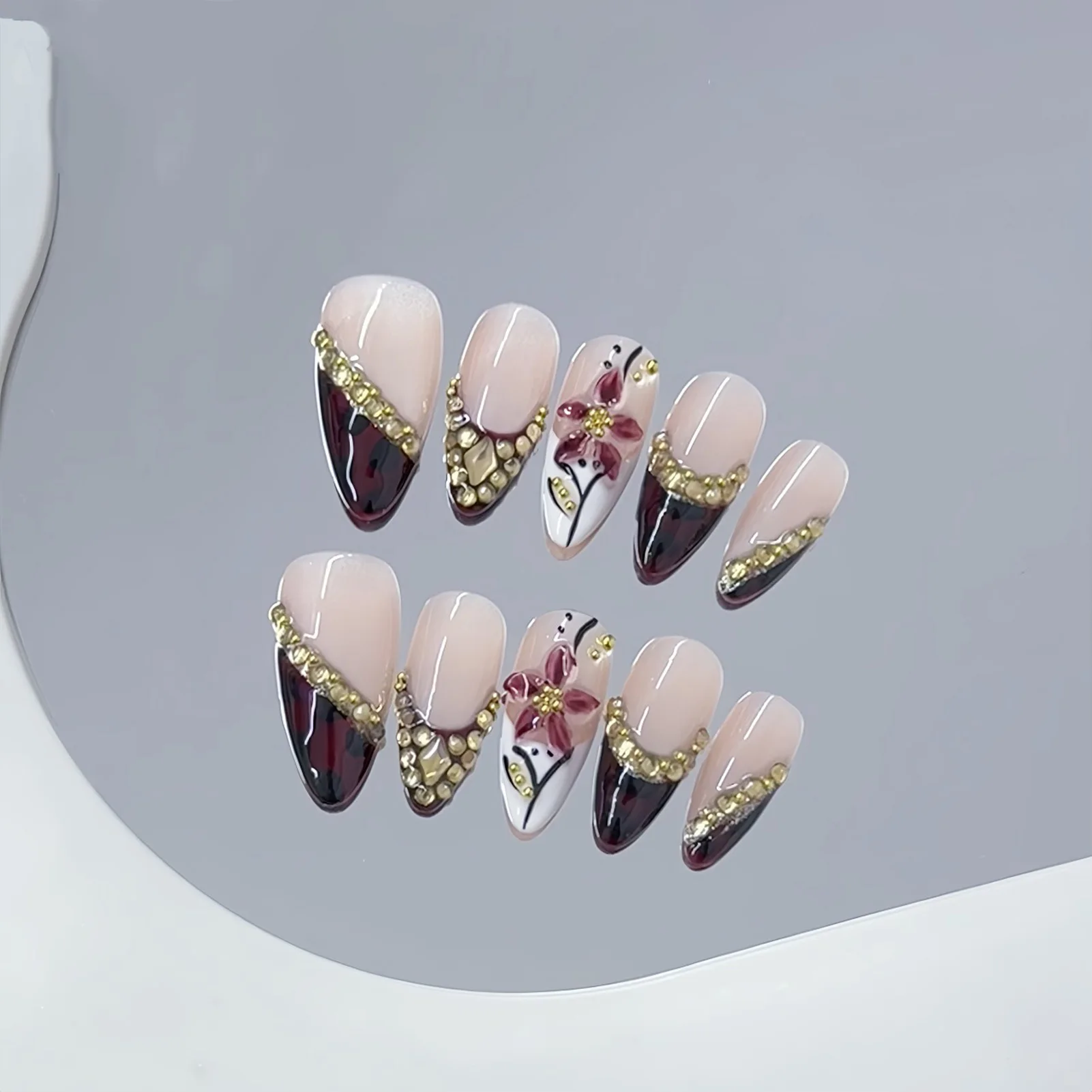 Elegant Press On Nails 3D Embossed Almond French Tips for Wedding Party Wine Pink Hand Painted Artificial Nails Durable