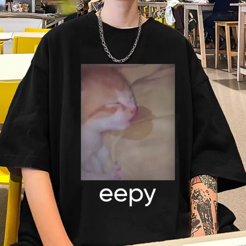 Funny Eepy Cat Print T-Shirt Fashion Vintage Harajuku T Shirts Summer Casual Cotton Oversized Tee Shirt Men Women's Clothes Tops