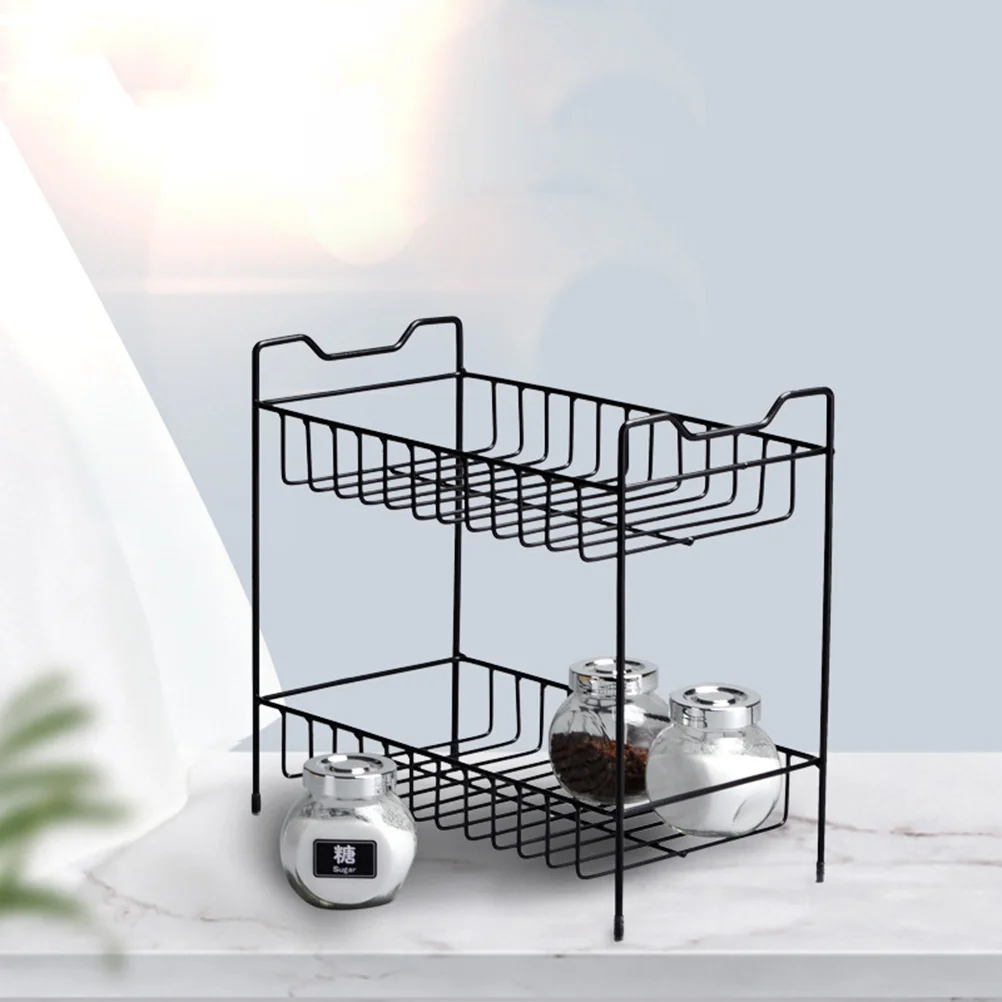 

2 Layers Hollow Bottom Kitchen Storage Rack Black Seasonal Spice Organizer Iron Shelf Multifunctional Bathroom Bedroom