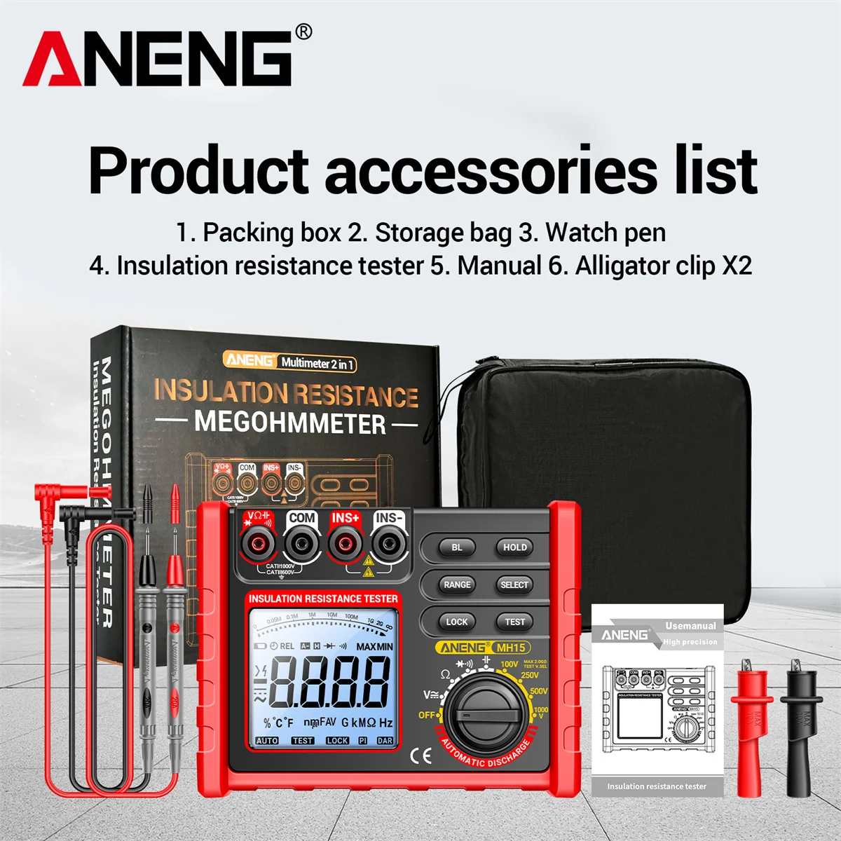 MH12 MH15 Digital Insulation Resistance Meter 2000 6000 Count Resistor Testers Capacitor Test Megohmmeter High Voltage Tool