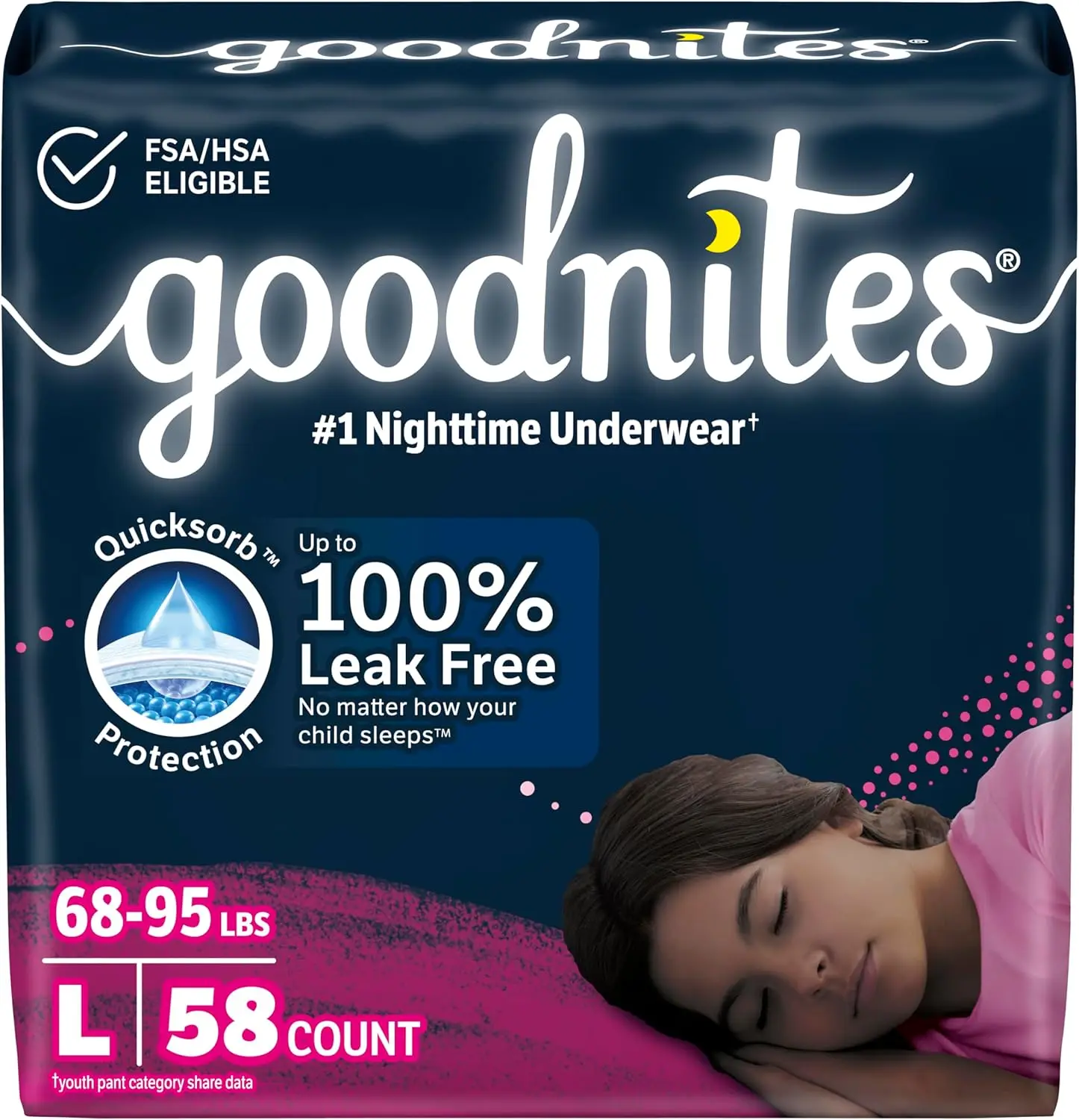 

Girls' Nighttime Bedwetting Underwear, Size Large (68-95 Lbs), 58 Ct (2 Packs Of 29), Packaging May Vary