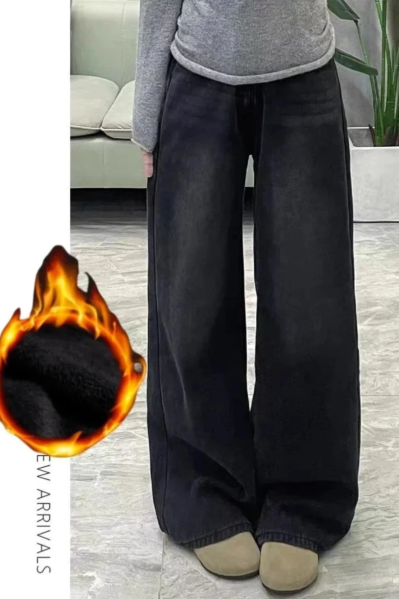 جينز نسائي Y2k بنطلون جينز متوهج أسود رمادي مستقيم الساق شتاء دافئ مبطن بالصوف فضفاض مناسب عالي الخصر واسع الساق موضة