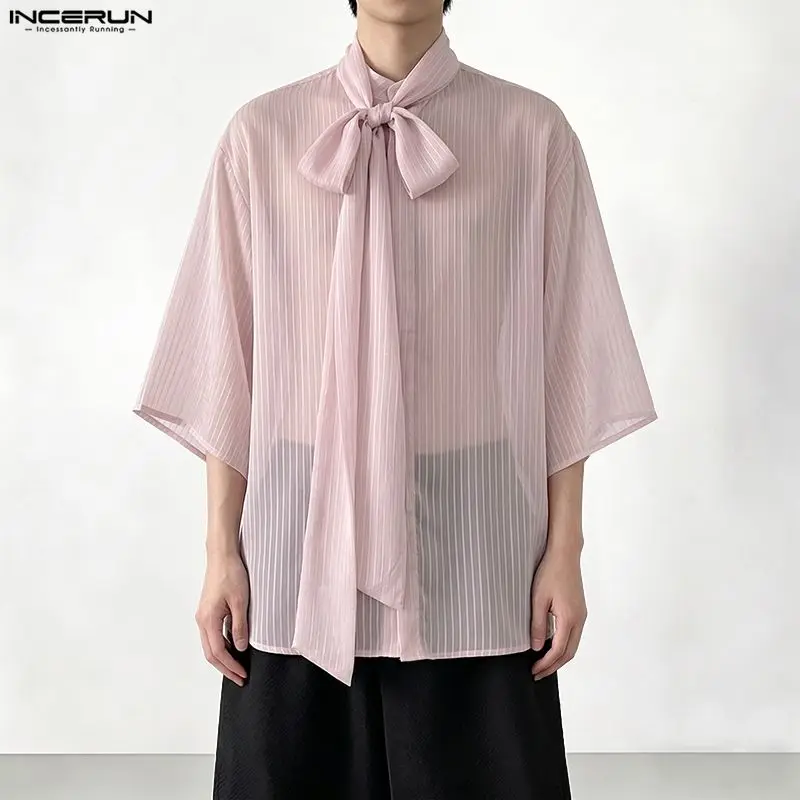 INCERUN Men Striped Shirt Stand Collar Half Sleeve Tie Up Men Clothes See Through Sexy 2026 Shirts Loose Streetwear Fashion Tops