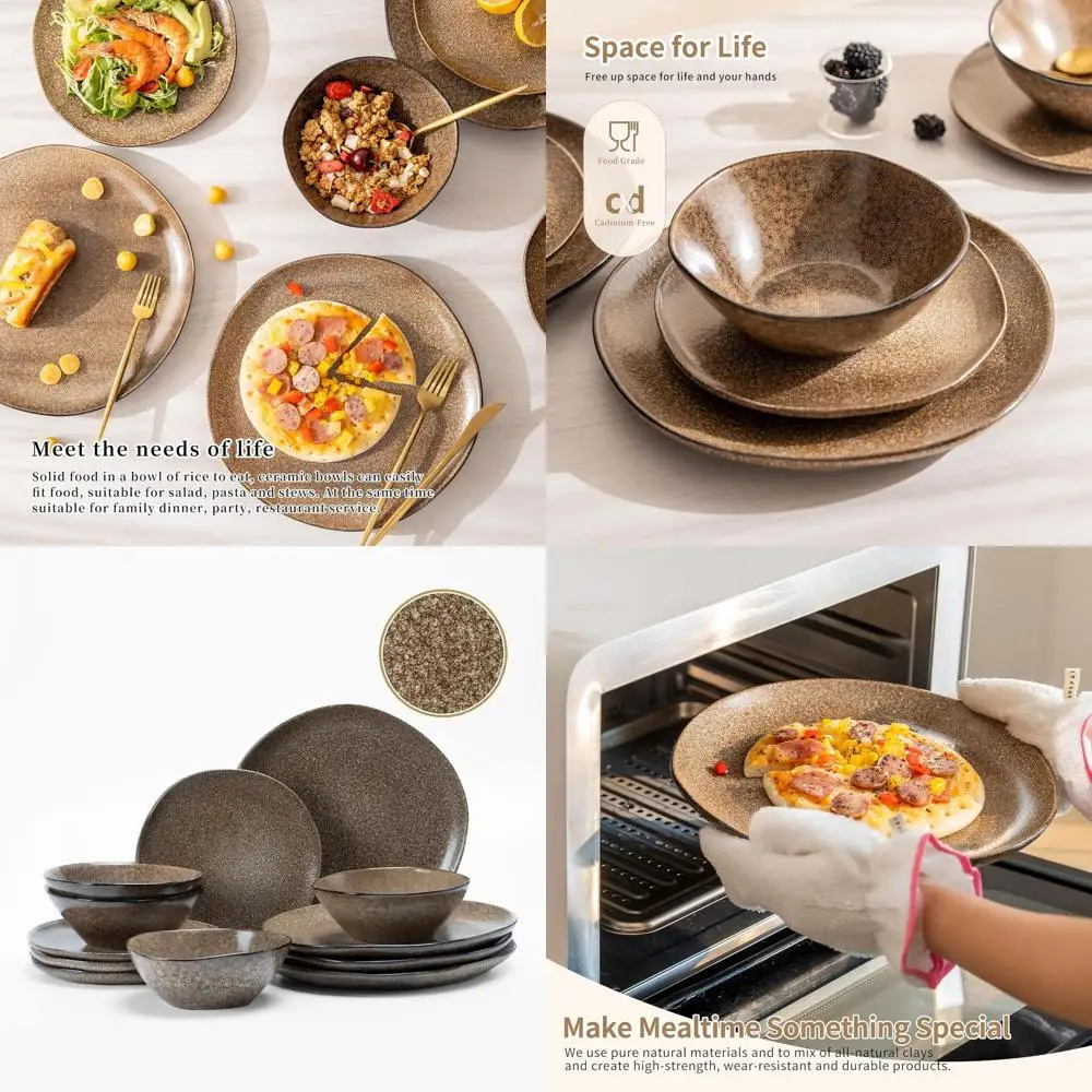 

Vintage Stoneware Dinnerware Set for 4, 12-Piece Irregular Handcrafted Plates & Bowls, Safe for Microwave and Dishwasher, Brown