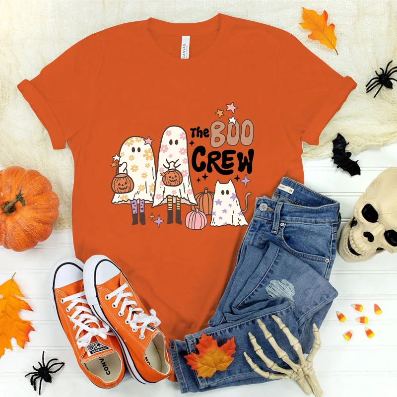 

(Premium T-shirt)New Halloween The Boo Crew Printed T Shirt Women Teens Fashion Hip Hop Harajuku Casual Short Sleeve Tops Tees