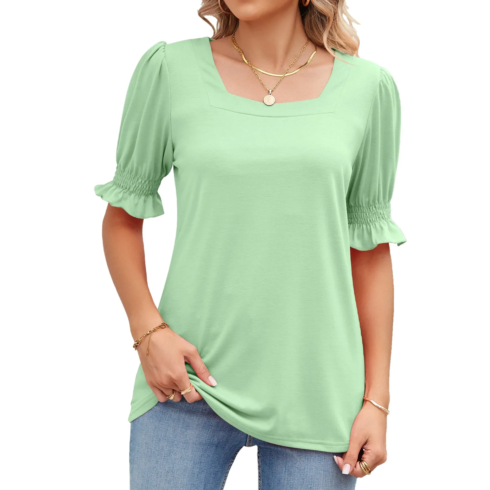 

Women's Short Sleeve Square Neck Cotton T Shirt, Tops for Summer