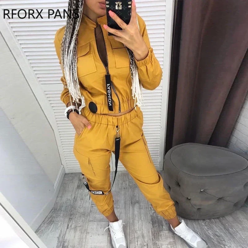 Women Soild Pockets Zipper Design Ruched Coat & Cargo Pants Sets Casual Women Sets