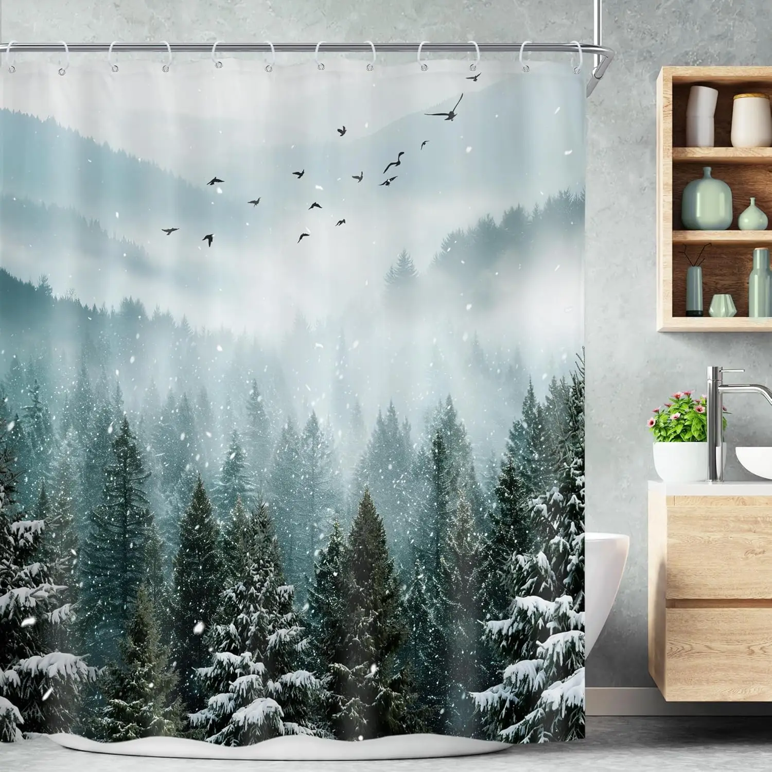 

Зимний лес, занавеска для душа, снежные деревья, горная сцена, природа, искусство, мирный дизайн, декор для ванны, водонепроницаемая ткань, аксессуары для дома