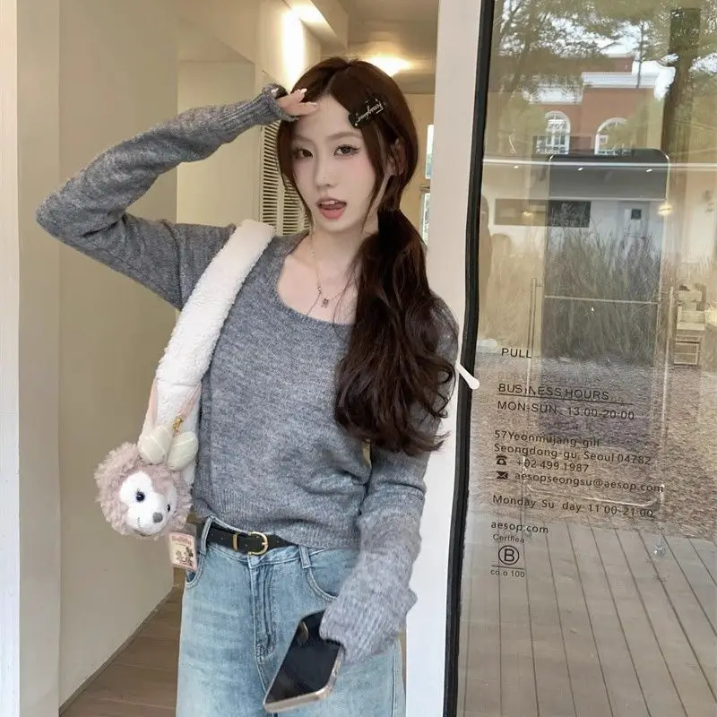 

New Winter Square Neck Sweater Slim Short Sweater Long-sleeved Bottoming Shirt Outer Top