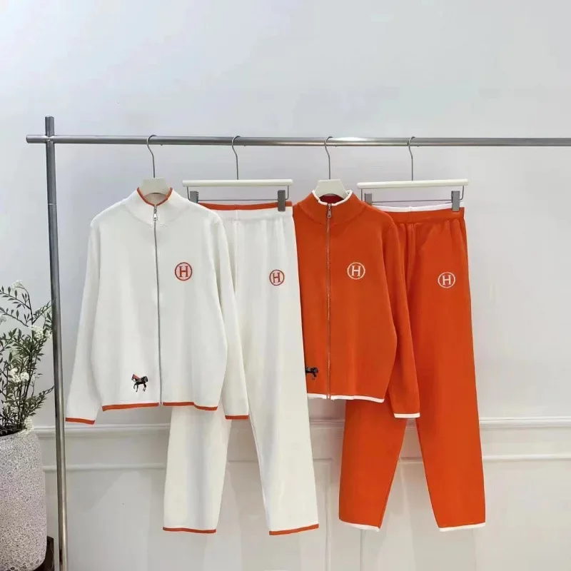

LISM Women's tracksuit outfit Creative Embroidered Long Sleeve Color Block Outerwear Knitted Pants Two Piece Set Street Style