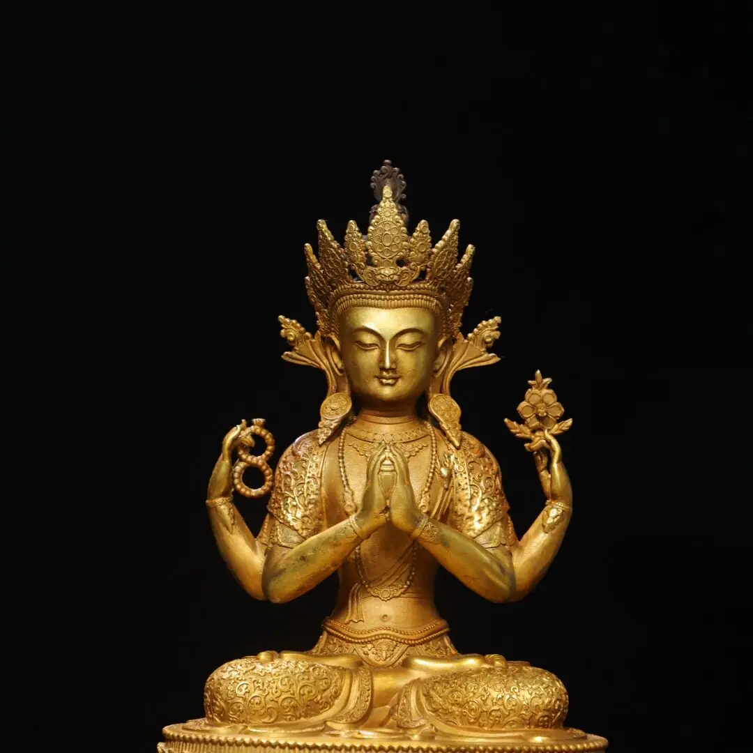 Gold Gilded Four-Armed Avalokiteshvara Statue Tibetan Copper Home Altar Art Decor Desktop