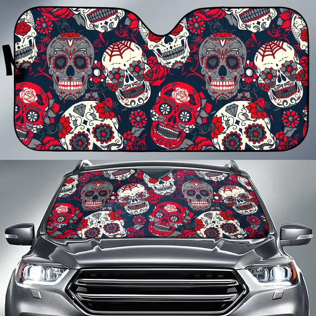 White Red Sugar Skull Pattern Print Car Sun Shade