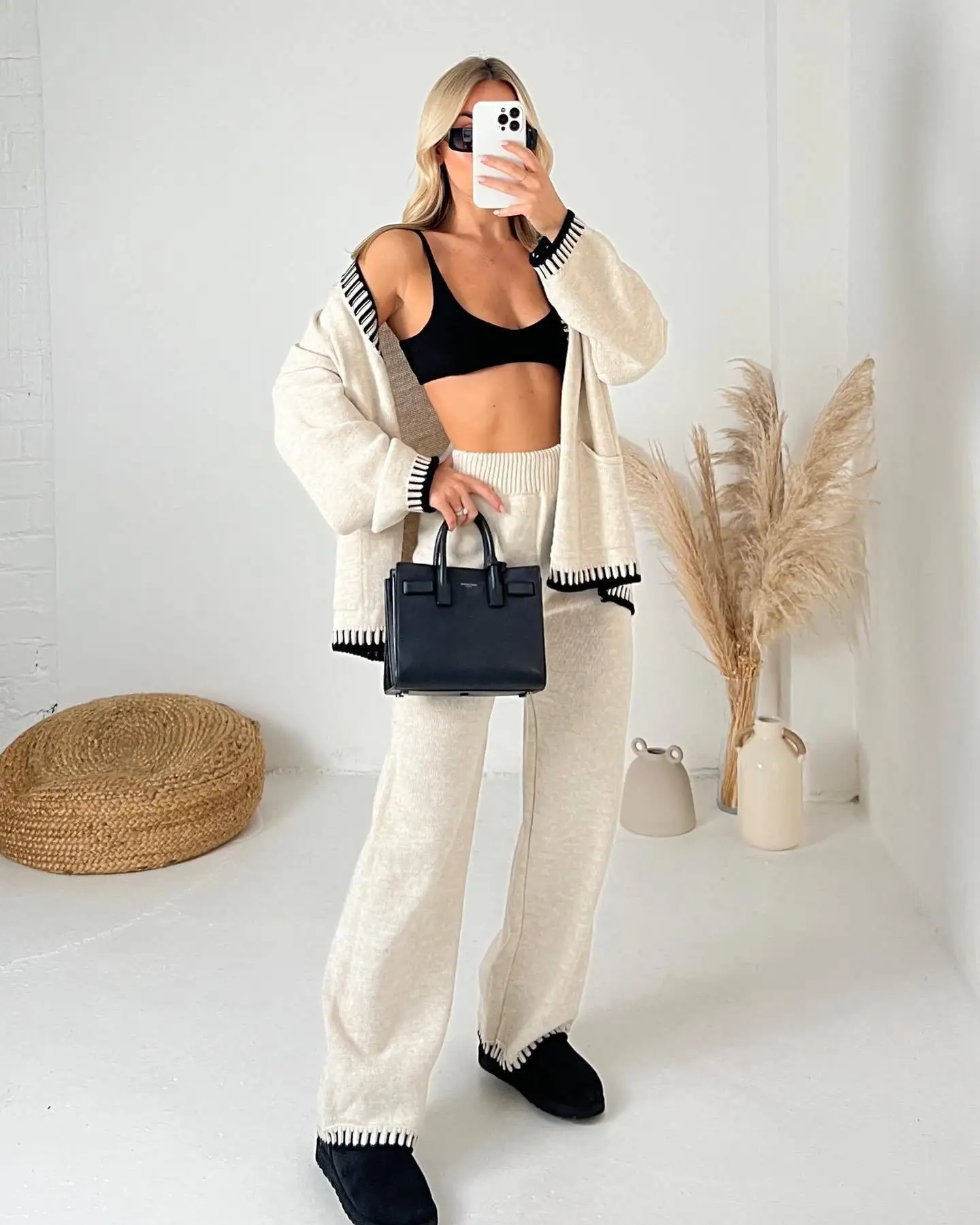 

2024 Autumn Winter Womens Sweatsuits 2 Piece Matching Sets Casual Outfits V Neck Button Down Cardigan Loose Sweater Coat Suits