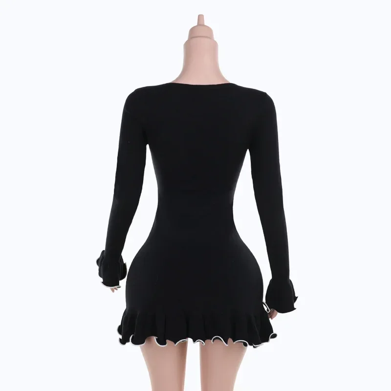 Vestido negro con volantes de punto para mujer, minivestido Sexy elegante, suéter de punto ajustado de lujo, ropa gruesa y cálida para Otoño e Invierno