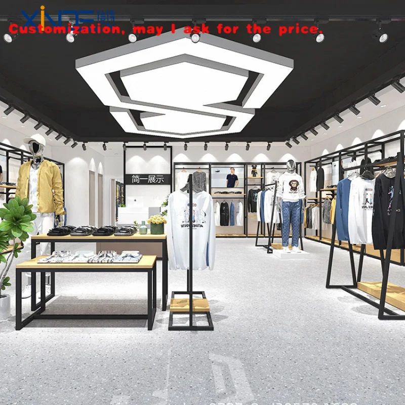 

на заказ.XINDE односторонняя легкая витрина для одежды, стойка для супермаркета с металлическими железами и деревянными проволочными стеллажами, магазин