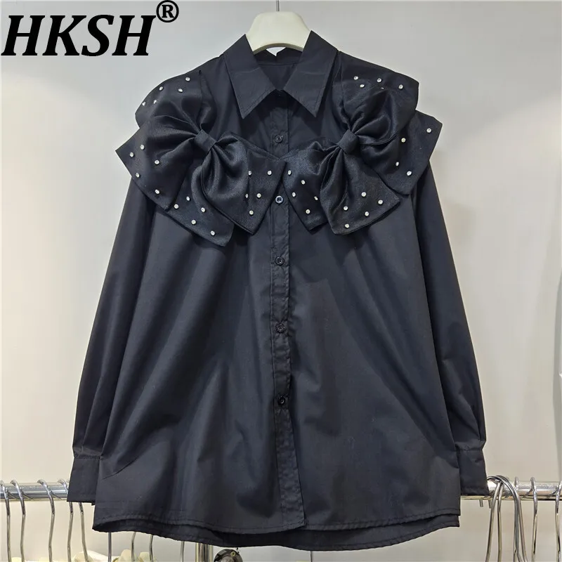 

HKSH Spring Autumn New Women Shirt Bowknot Studded Diamonds Single Breasted Long Sleeve Versatile Casual Blouse Chic Top HK13281
