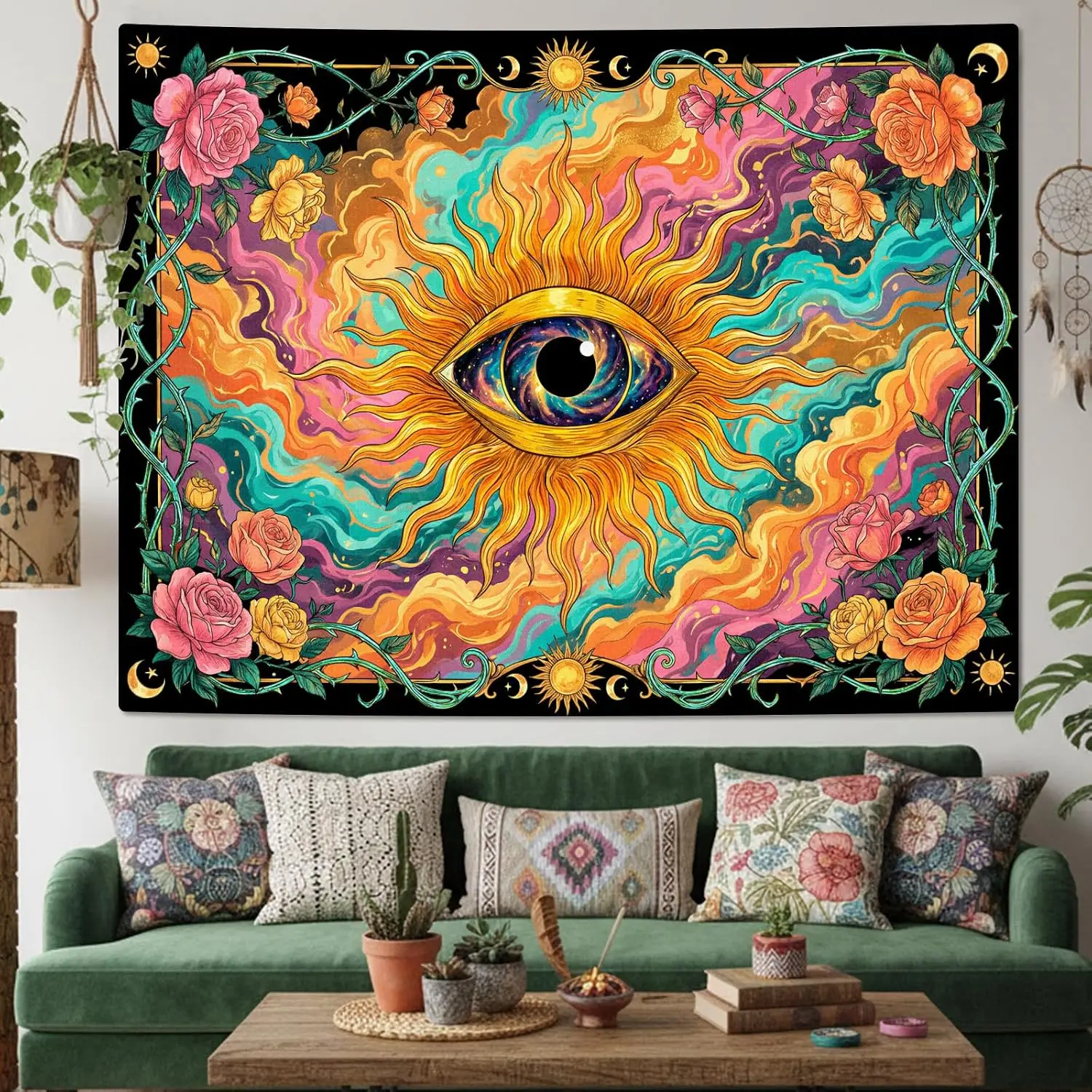 Wall Tapestry Aesthetic Bedroom Tapestry Boho Eye Tapestry, Hippie Mystical Colorful Celestial Vine Flower Art