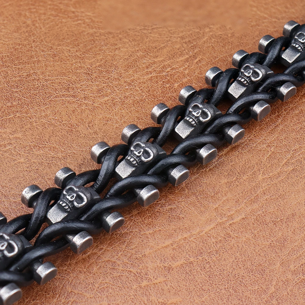 Vintage Domineering Skull Braided Leather Bracelet Trendy Charm Stainless Steel Biker Bracelet Punk Hip Hop Jewelry Dropshipping
