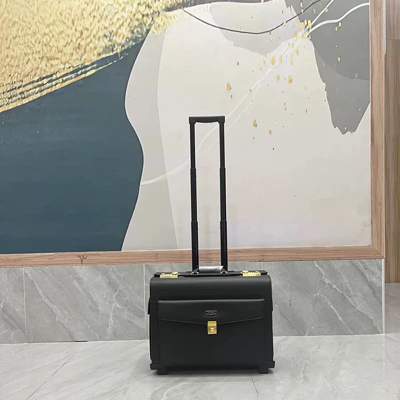 

100% Genuine Leather flight attendant trolley suitcase 18-inch business suitcase men captain flight luggage bag cabin women case