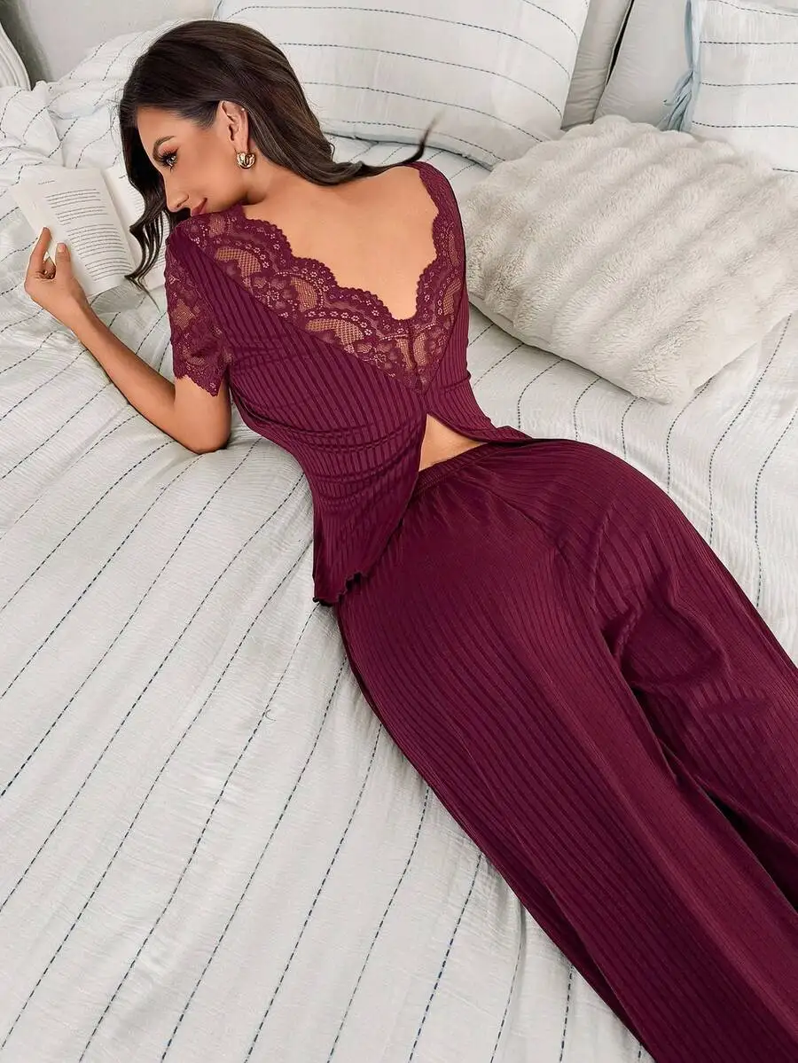 

V Neck Ribbed Lace Trim Pajama Set Women Two Piece Sleepwear