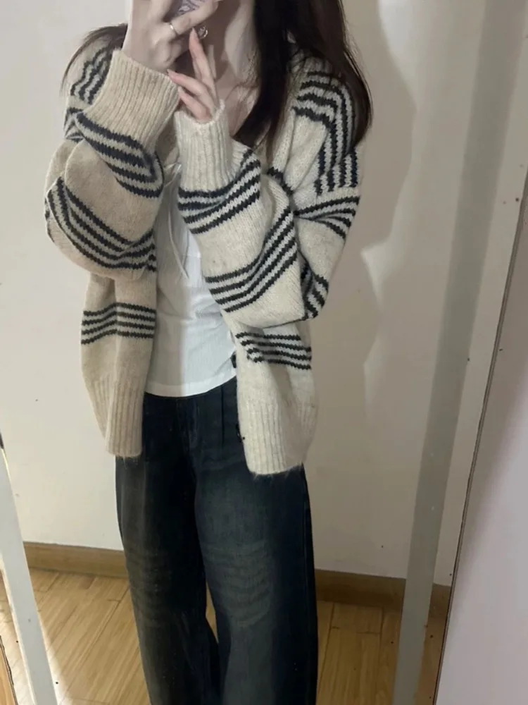 Patchwork Contrast Color Striped Knitted Cardigans Women Y2k Aesthetic Single Breasted Coats New Streetwear Casual Loose Sweater