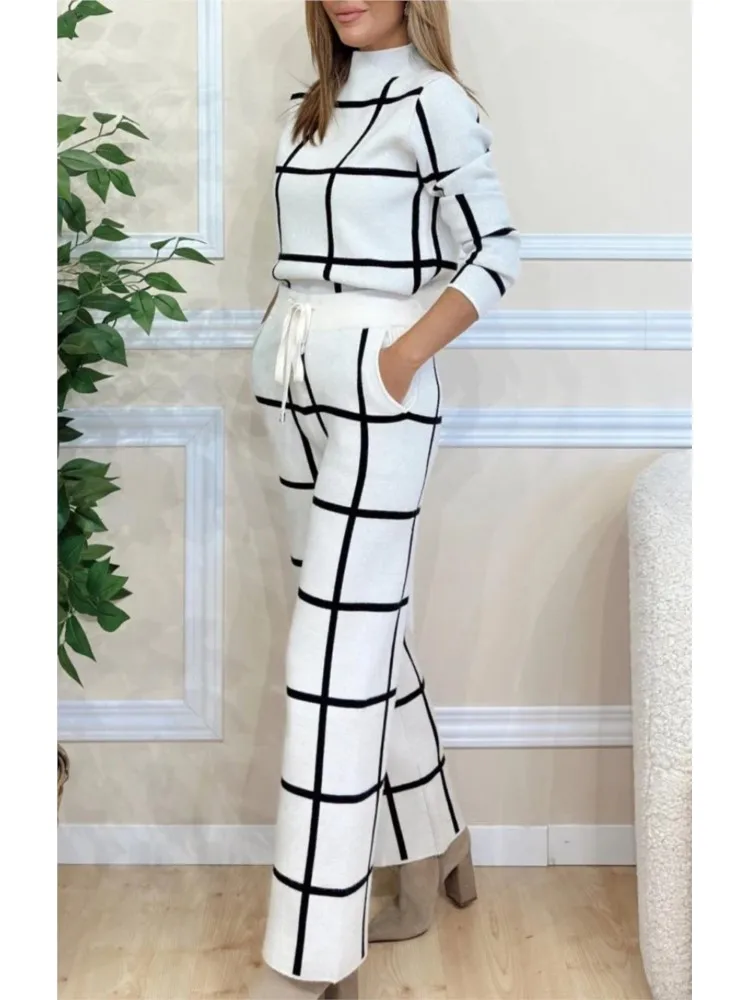 2 Piece Sets Outfit Workwear Elegant Plaid Print Top Long Pants Set For Women Office Wear Outfit With Half-high Collar Matching