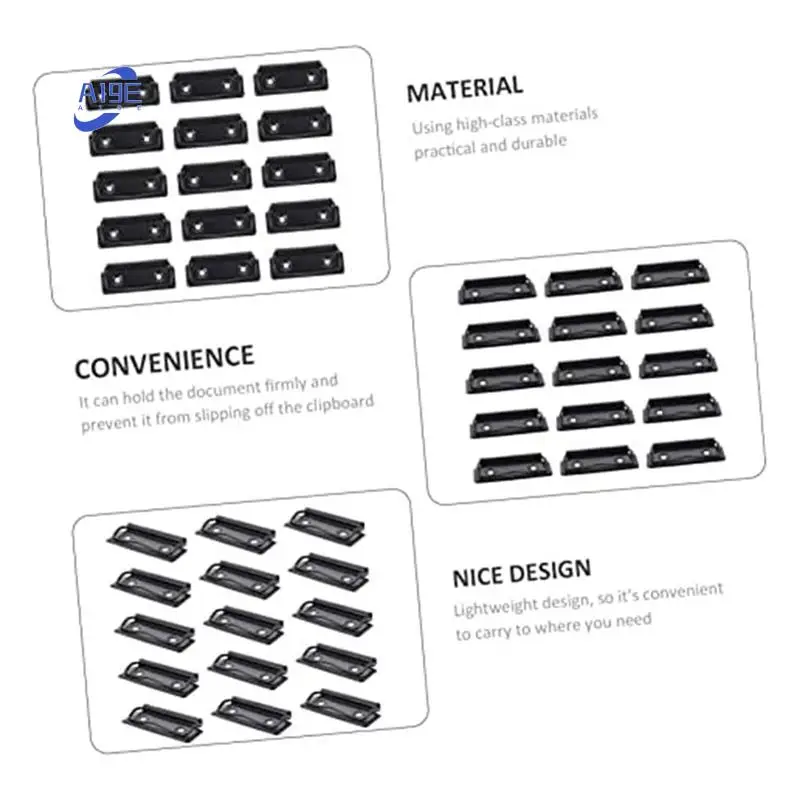

A19E-15 Piece Stationery Plate Holder Stainless Steel Clips Office Folders Black Mountable Clipboards Clips File