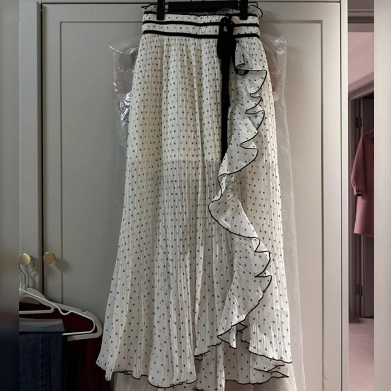 New French Fashion White Polka Dot Skirt Women High Waist Pleated Strap Ruffles A-Line Long Skirts Irregular Summer Holiday Jupe