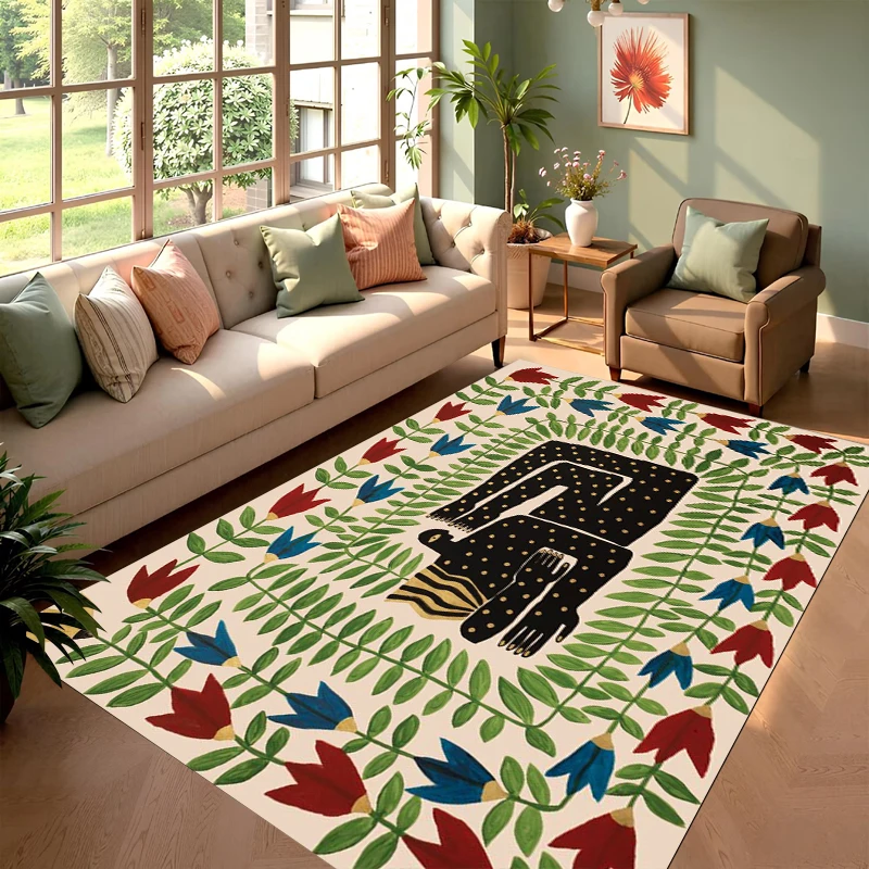 Bohemian Art Hand Drawn Floral Figure Pattern Area Rug for Living Room Bedroom Dining Room Home Decor Spring Holiday