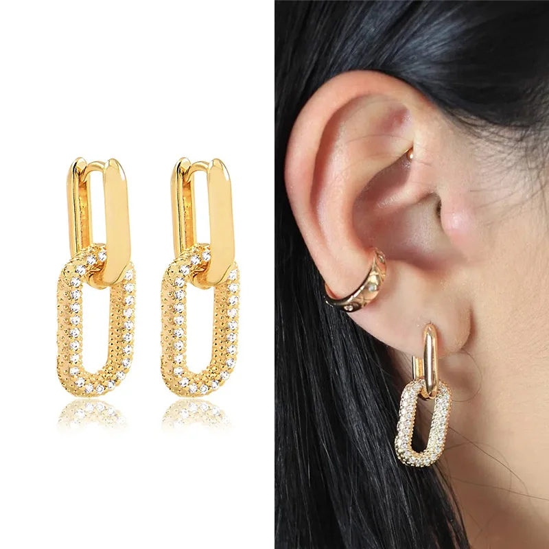 14K Gold  Pave Cubic Zircon Convertible Link Earrings for Women Girls | Paperclip Link Chain Earrings | Drop Dangle Earrings