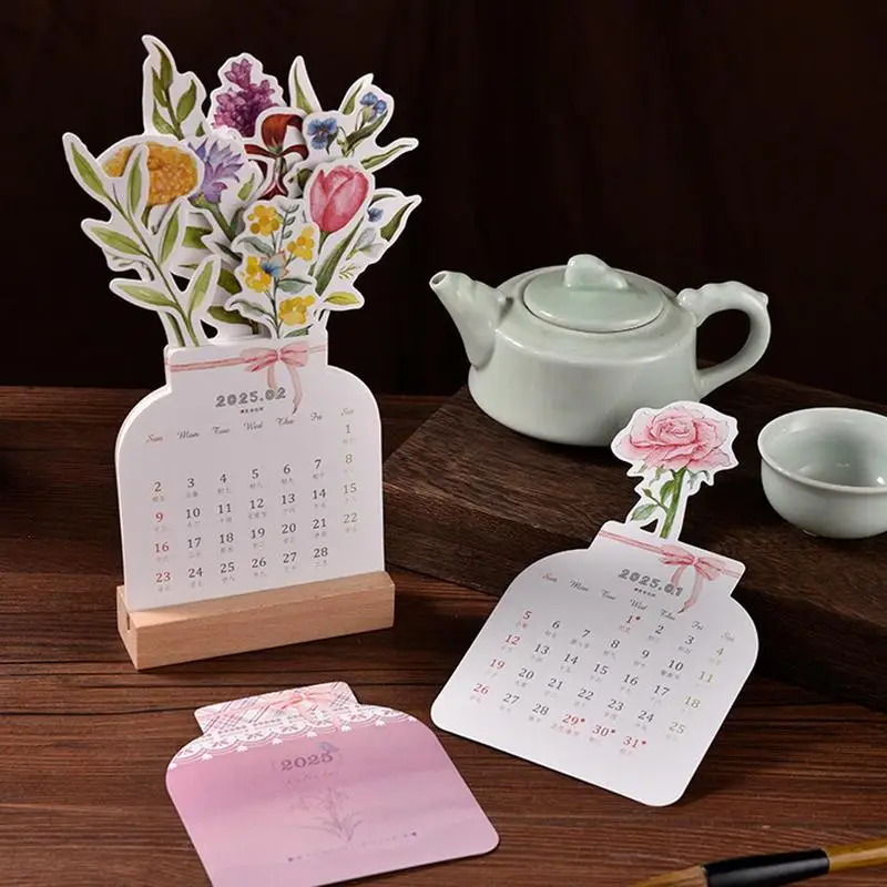 Bloomy Flowers Desk Calendar 2025 Removable Vase Shaped Monthly Calendar 2025 Cute Desktop Calendar With Wooden Base Daily Note