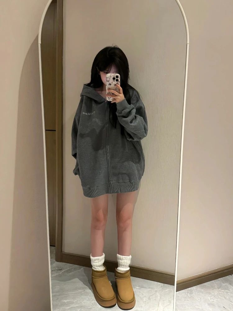 Full Zip Up Women's Hoodies Sweatshirts Sequins Dropshiping Sport Y2k Vintage Long Sleeve Novelty 100% Cotton Female Hooded Top