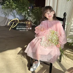 2024 children's dress children's long sleeved sequin dress medium and small girls cake fluffy gauze dress