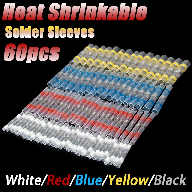 60pcs 5 models of solder sealed wire connectors - waterproof heat shrink butt connectors - self-soldering for marine, automotive