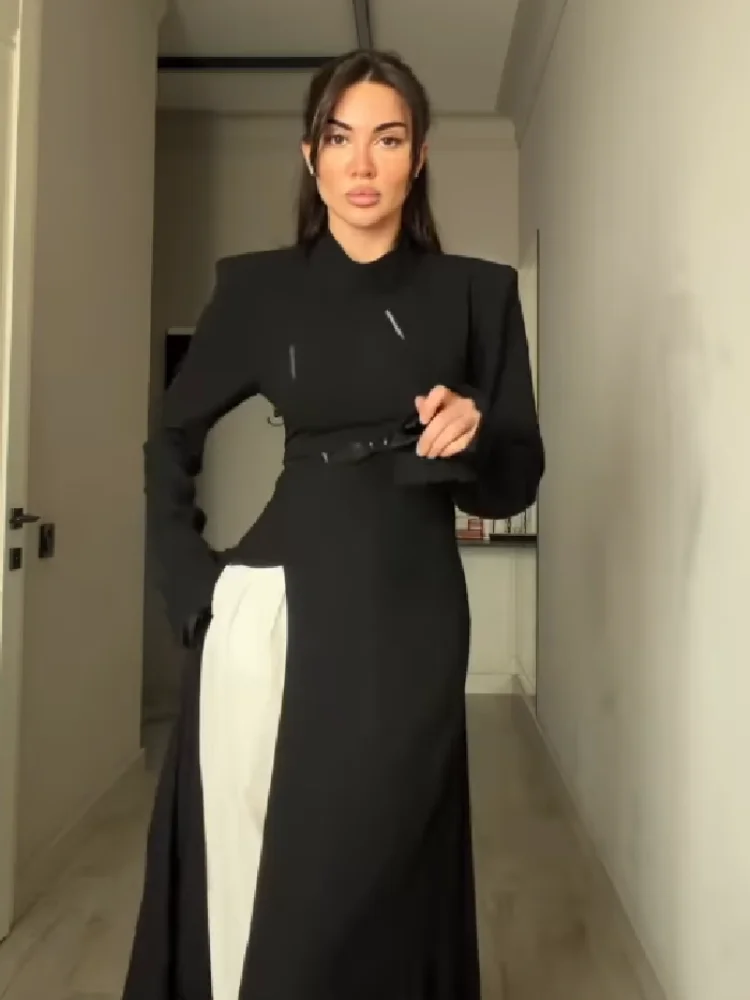Women's Elegant High Neck Long Sleeve Maxi Dress Sexy Waist Slimming With Slit Hem Date Outfit Lady Formal Evening Office Wear view 3
