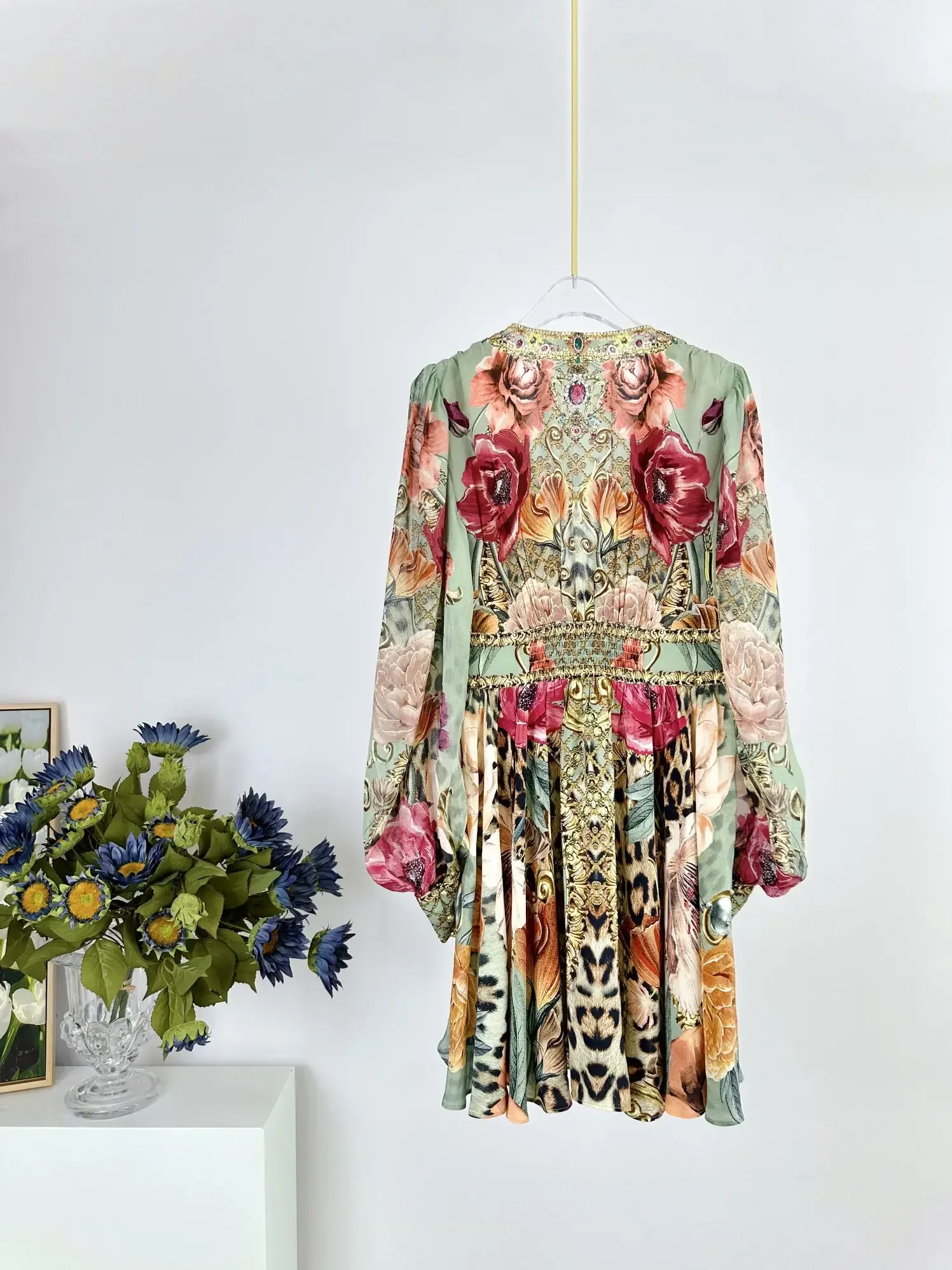 Women Beaded Floral Printed Dress V-Neck Long Sleeve Vintage 100% Silk Mini Robe