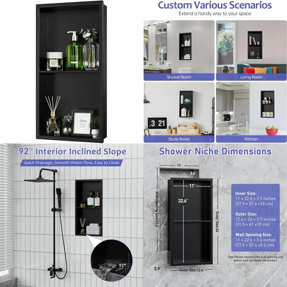 

Black Stainless Steel Shower Wall Niche, 12 x 24 Inner Dimensions, No Tile Required
