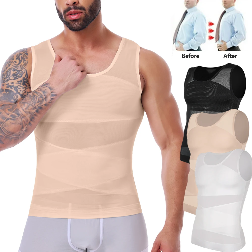 Men's Slim Waist Shaper Vest Abdomen Cross Sleeveless Top Black M-3XL Nylon Breathable Sportswear Fitness Cross Ergonomic Nude