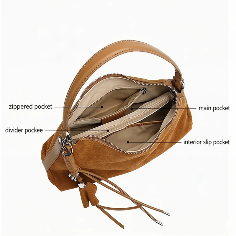 HIFASHION Trendy Suede Leather Hobo Underarm Bags For Women 2026 Winter Retro Crossbody Tassel Shopping Travel Daily Handbags - view 5