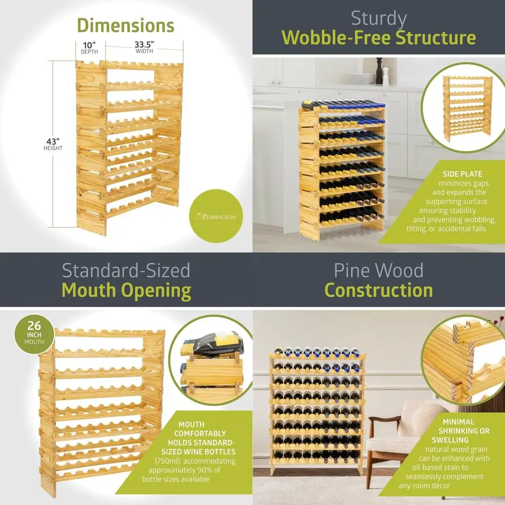 

8-уровневая полка для вина из сосны, штабелируемая и модульная, 10 x 33,5 x 43, без качания для кухни, бара, погребана