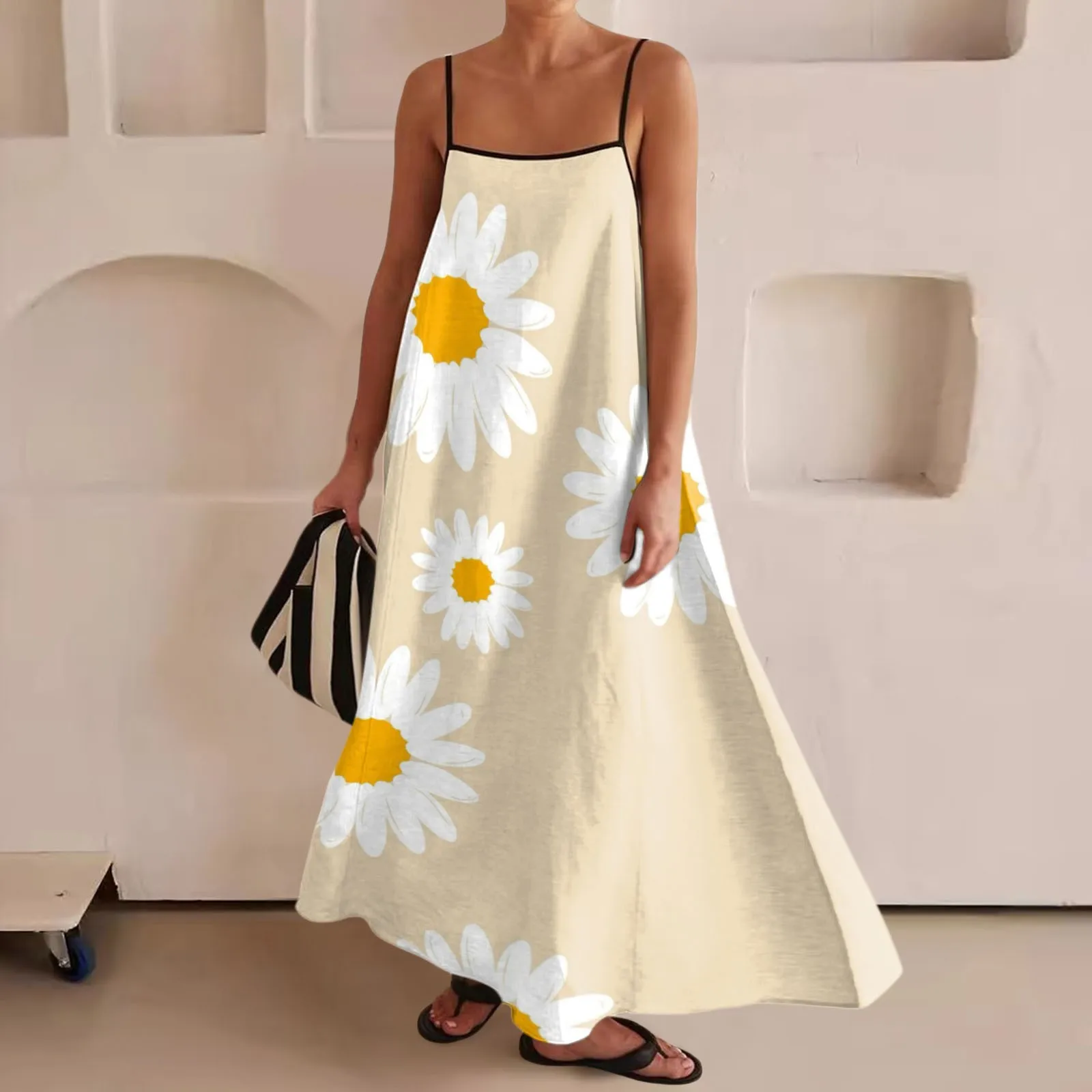

Summer Floral Maxi Dress For Women Spaghetti Straps Slash Neck Long Dresses Sleeveless Loose Casual Elegant Holiday Dress Robe