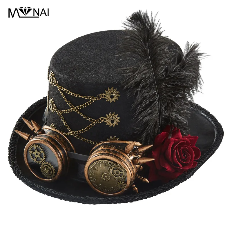 للجنسين Steampunk تأثيري اكسسوارات فاسق قبعة القوطية الرجعية نظارات الظلام روز والعتاد سلسلة قبعة القوطية ساعة والعتاد ريشة الديكور