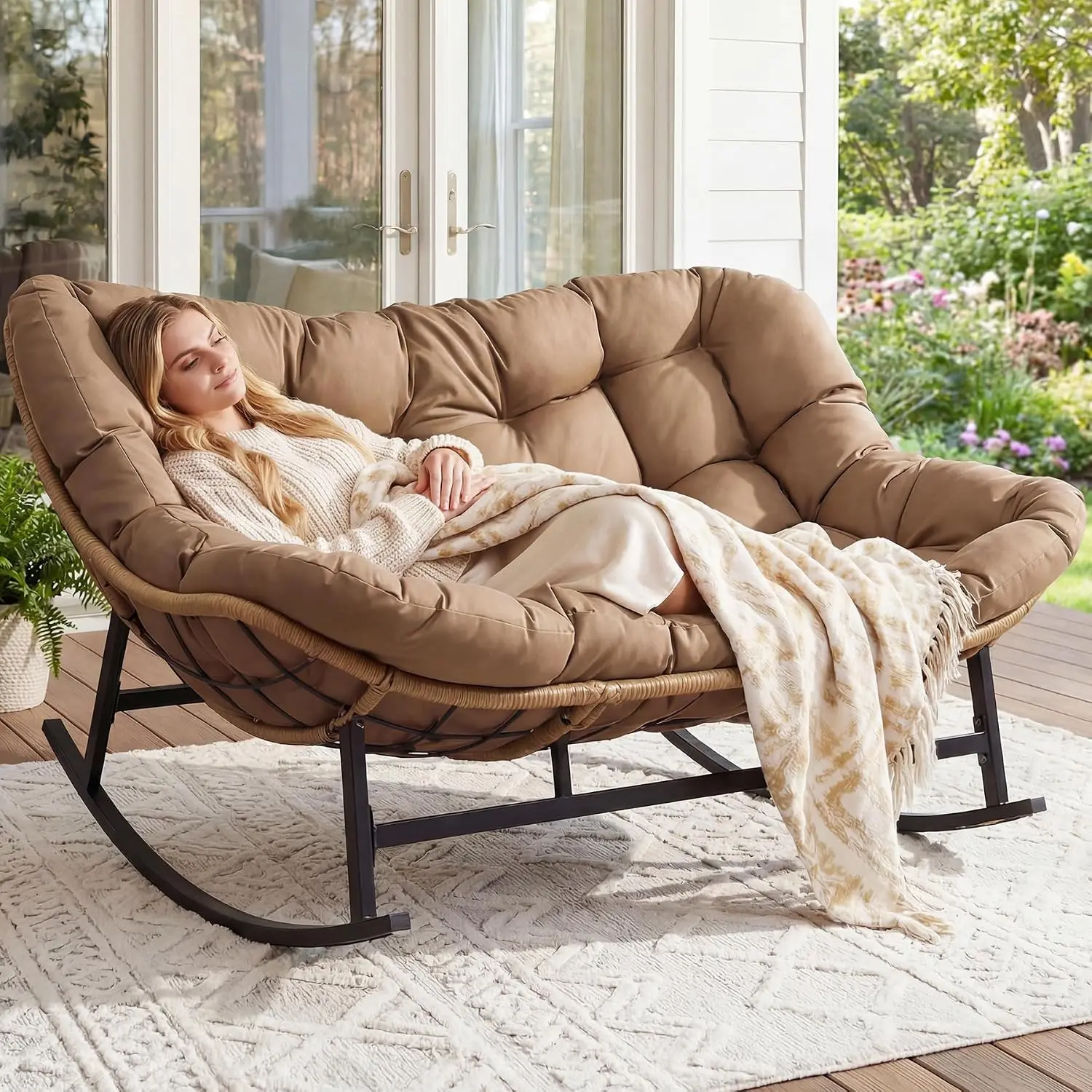 Patio Papasan Rocking Chair for 2, Indoor Outdoor Double Egg Recliner Rocker w/Padded Cushion, Large Wide Oversized Rattan Loung