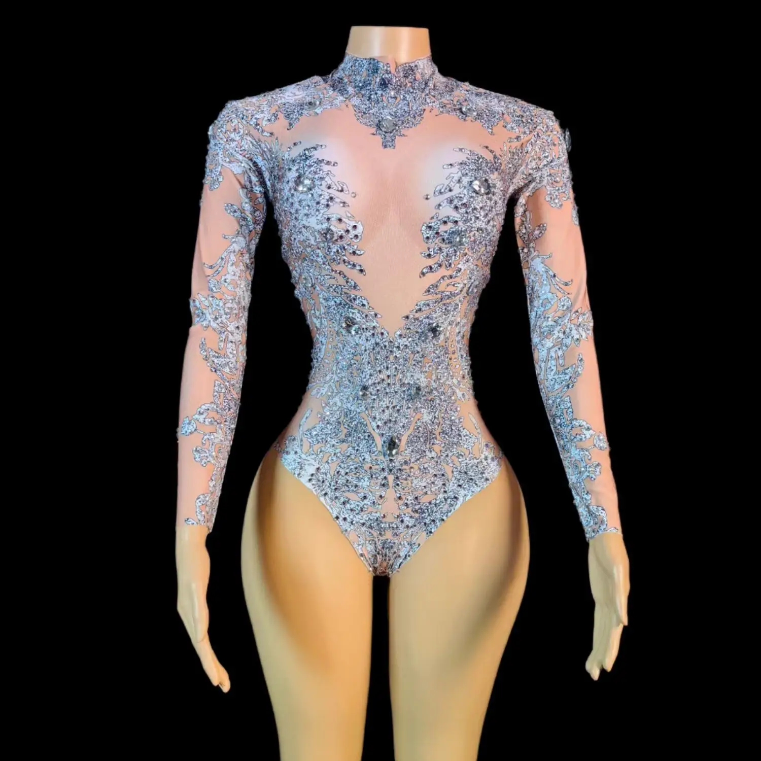 

Sparkly Rhinestones Bodysuit Sequins pattern Sexy Mesh Transparent Dance Wear Performance Costume Singer Dancer Show Stage Wear