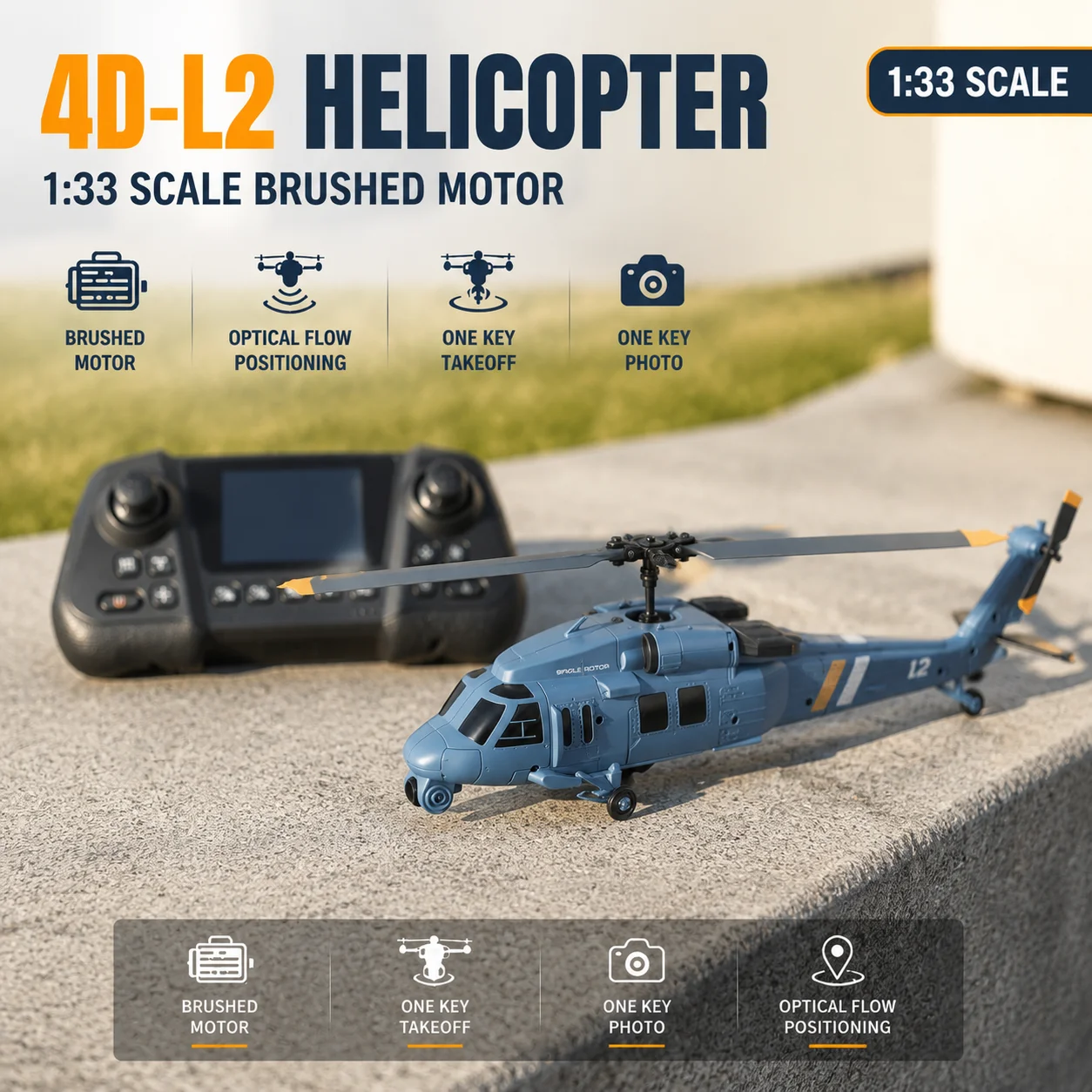 

RC Helicopter 1:33 Remote Control Helicopter with Brushed Motor Optical Flow Positioning One Key Takeoff Camera Function Toy Gif