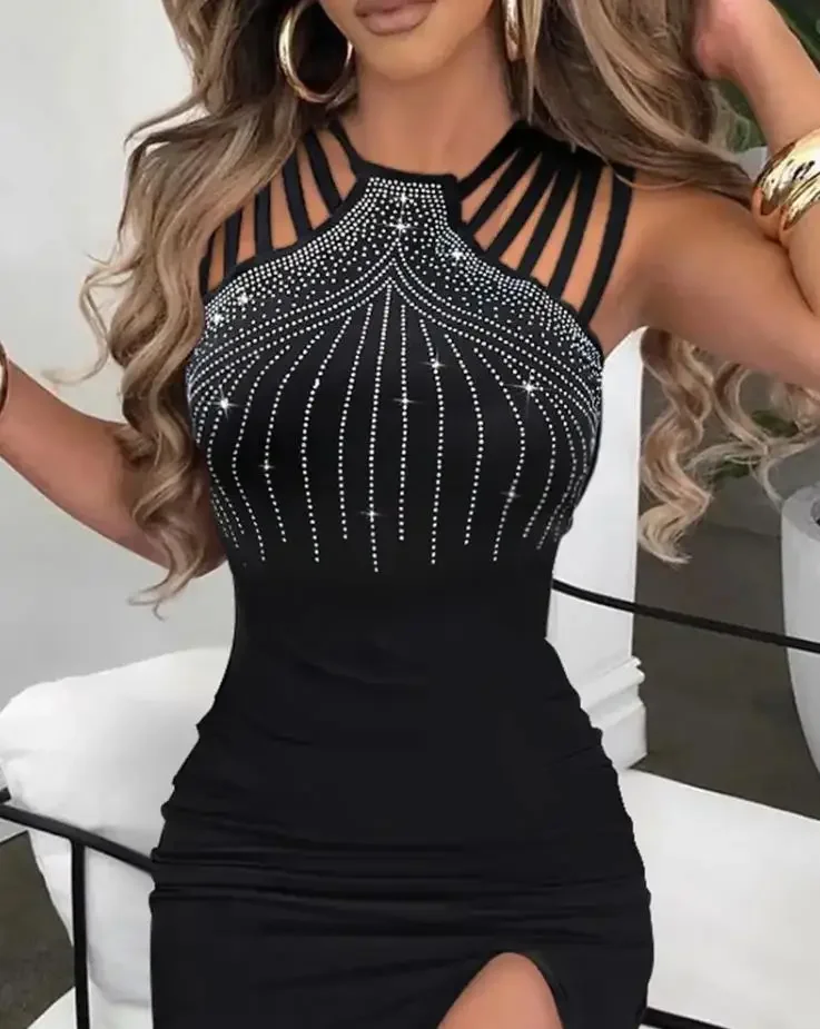 CPSYMYM-vestidos sexys para mujer, decoración de diamantes de imitación, elegante, con múltiples correas, abertura larga, cuello redondo, sin mangas, Maxi vestido de fiesta ajustado