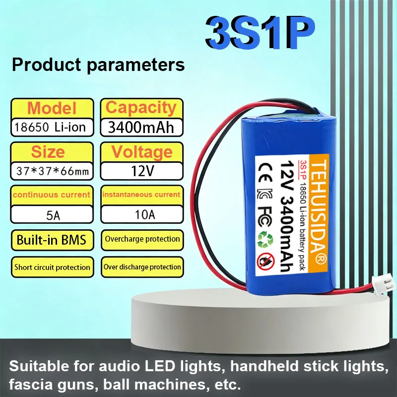 18650 Lithium Battery Pack 11.1V 12.6V 3400mAh Outdoor Audio Led Light Handheld Stick Light Fascia Gun Ball Machine 12V Battery