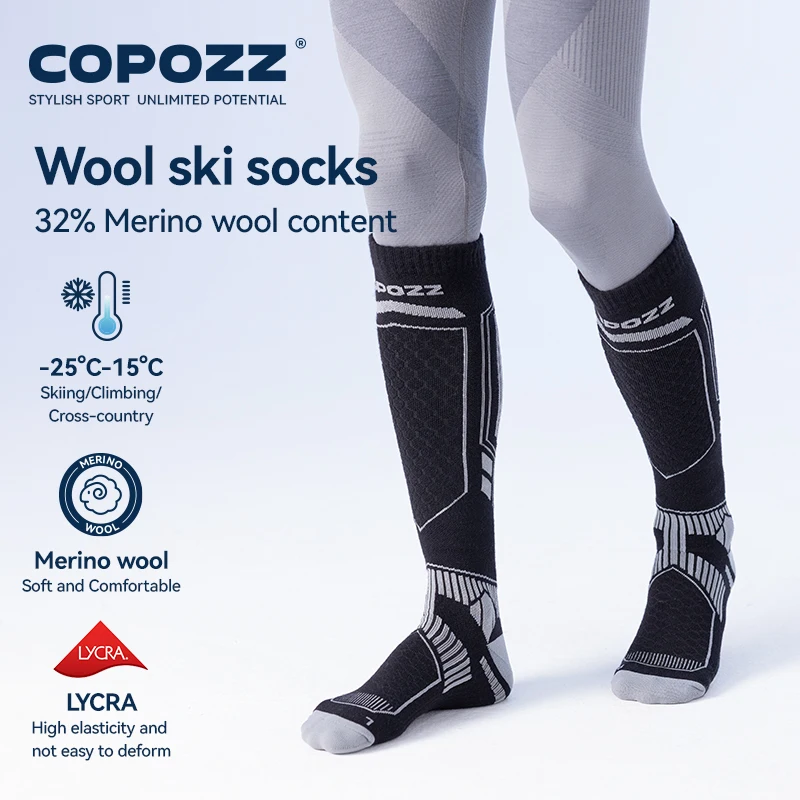 COPOZZ Calzini da sci invernali in lana merino Uomo Donna Calzini da sci termici al ginocchio Calzini da calcio da snowboard ispessiti caldi Donna adulta