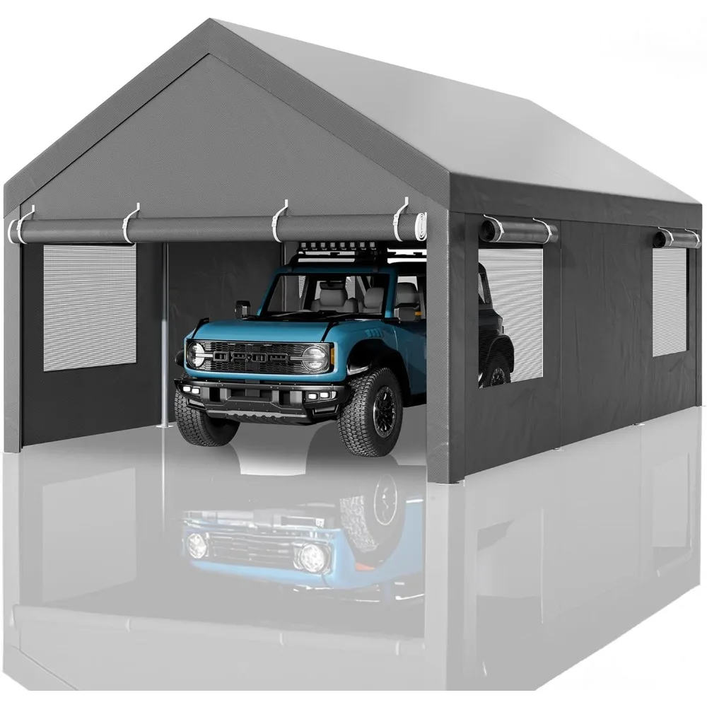 

12x20 FT Carport, Heavy Duty Carport Canopy with Roll-up Windows, Portable Garage with Removable Sidewalls & Doors, Car Canopy