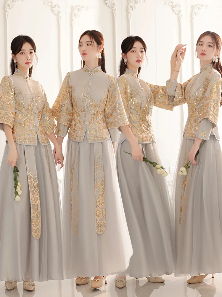 

Women's Chinese Embroidery Bridesmaid Dresses New Spring Autumn Chinese Style Wedding Sisters Group Dress Large Xiuhe Dress